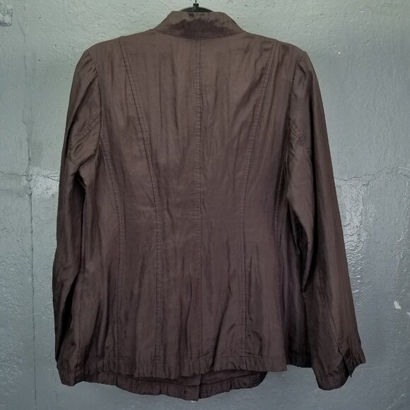 Eileen Fisher Seamed Jacket Medium Silk Blend Crinkle Clove Brown Snap Front NEW - Picture 6 of 16